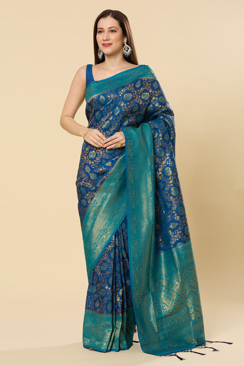 Ready to Wear Saree Nur Navy Blue Dharmavaram Silk Woven Saree
