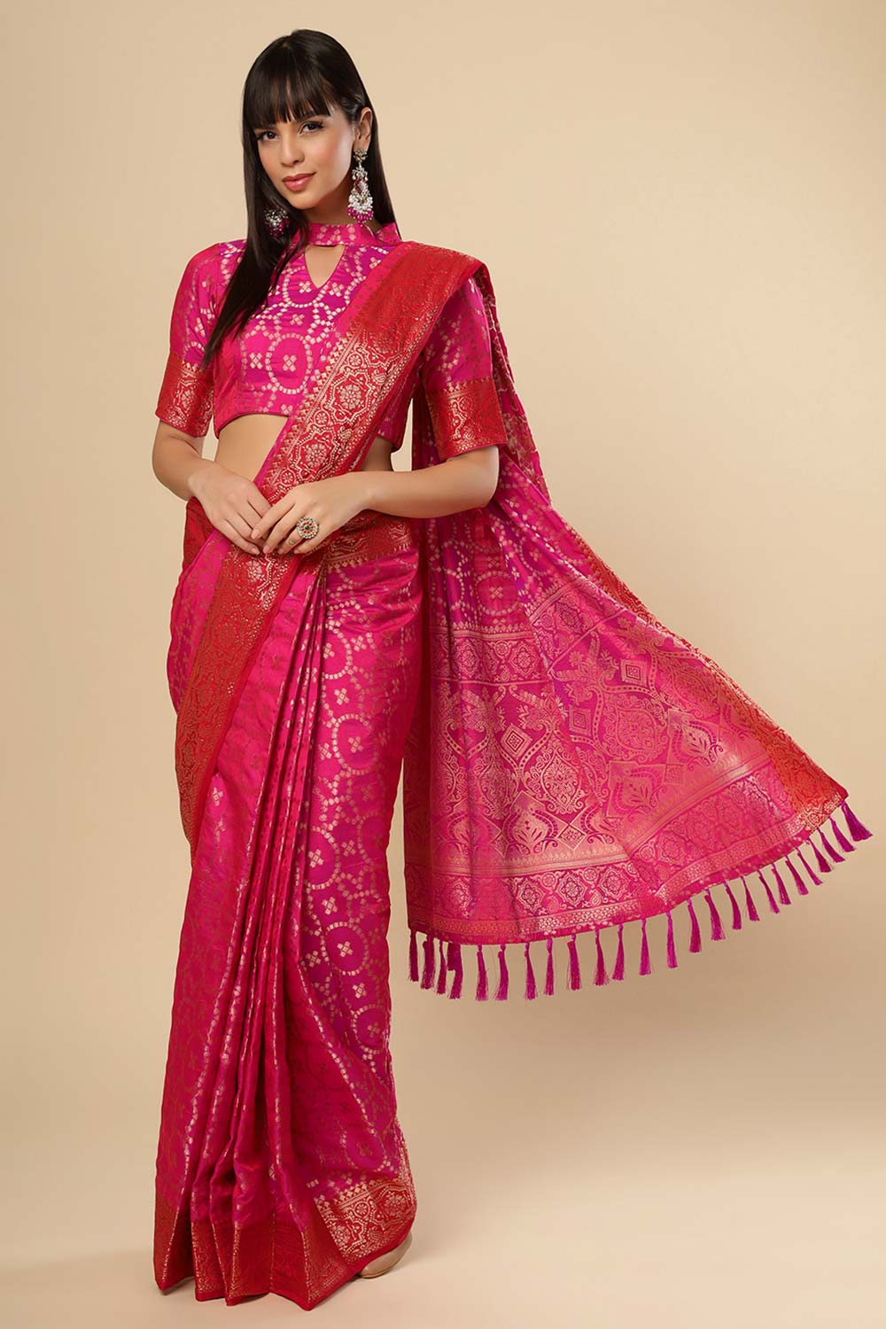 Ruchi Pink Silk Blend Woven Ready to Wear One Minute Saree
