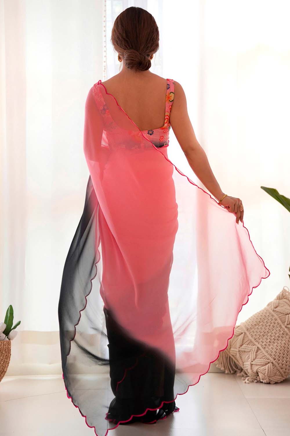 Pink & Black Georgette Ombre One Minute Saree – Ready to Wear