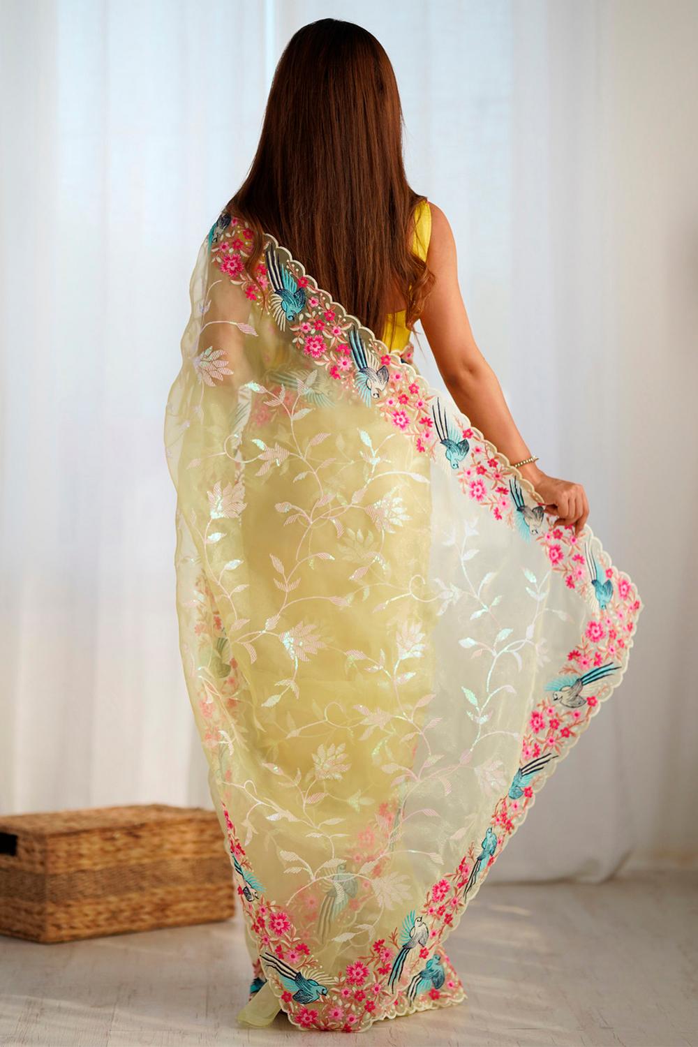 Laura Yellow Organza Floral Embroidered Ready to Wear Saree