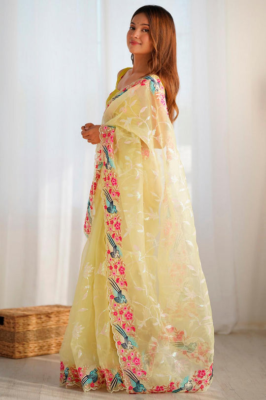 Laura Yellow Organza Floral Embroidered Ready to Wear Saree