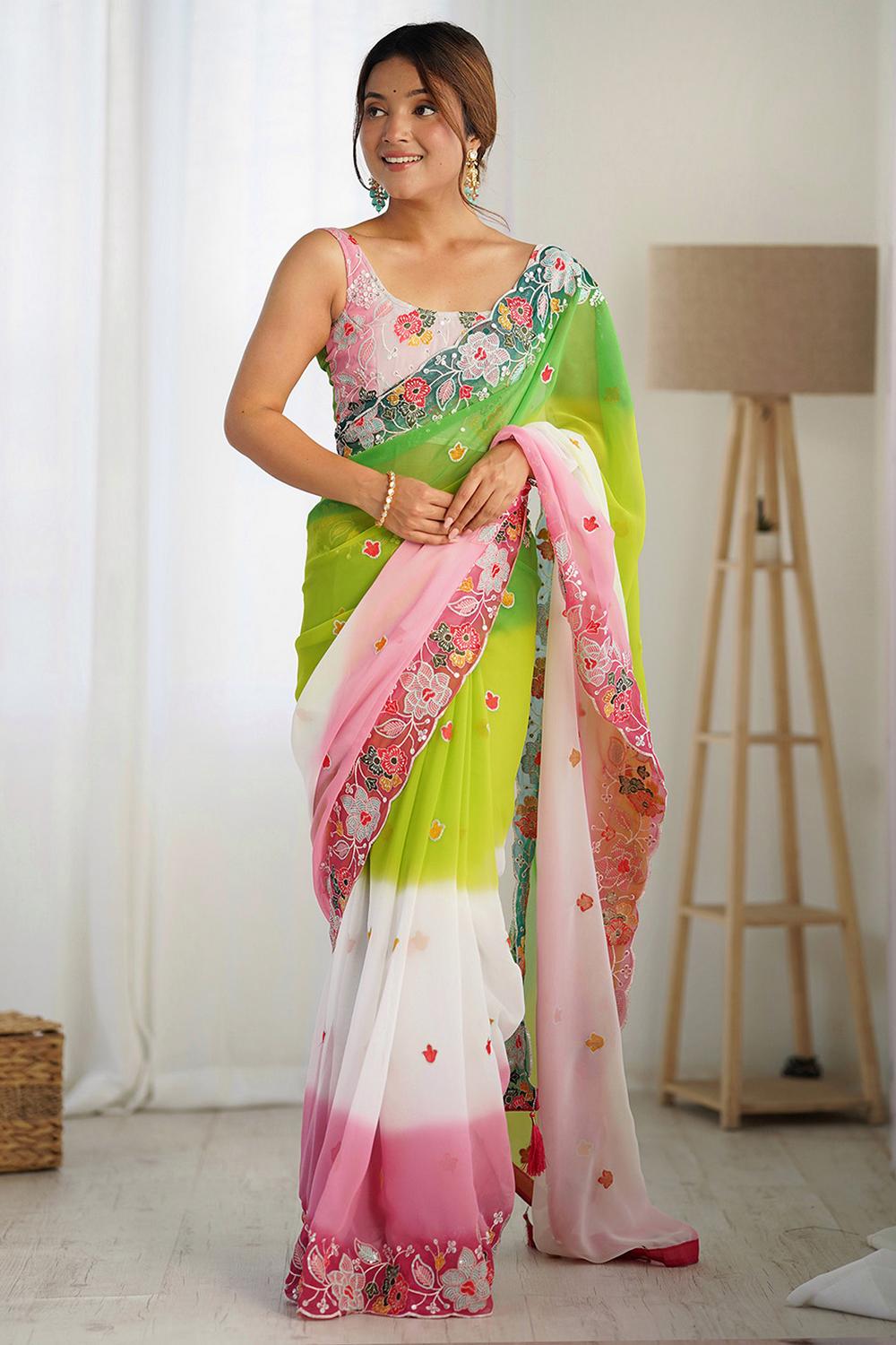 Buy Kesari Green Georgette Embroidered Ready to Wear One Minute Saree