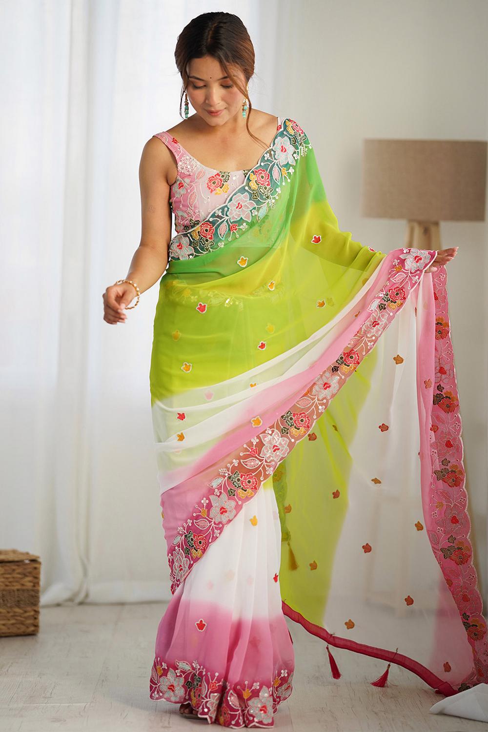 Tania Green Georgette Embroidered Ready to Wear One Minute Saree