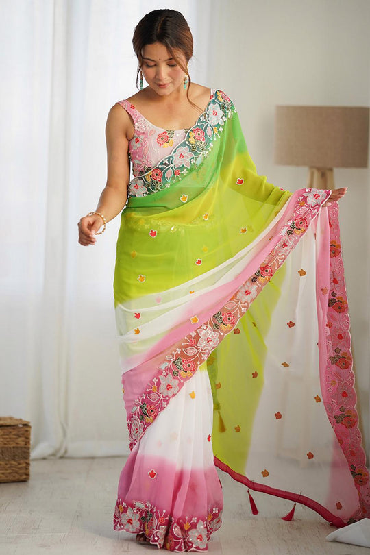Tania Green Georgette Embroidered Ready to Wear One Minute Saree