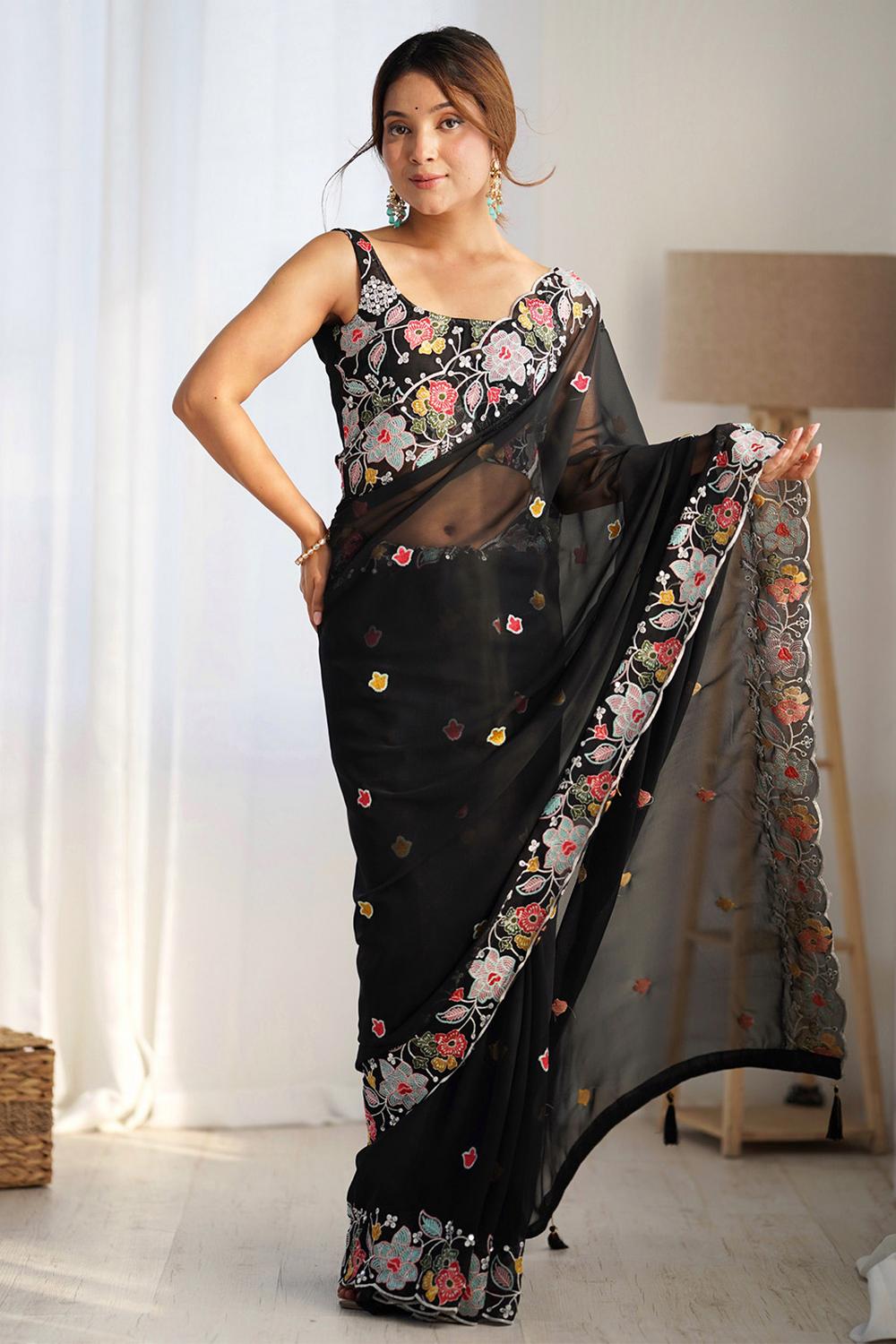 Buy Kesari Black Georgette Embroidered Ready to Wear One Minute Saree