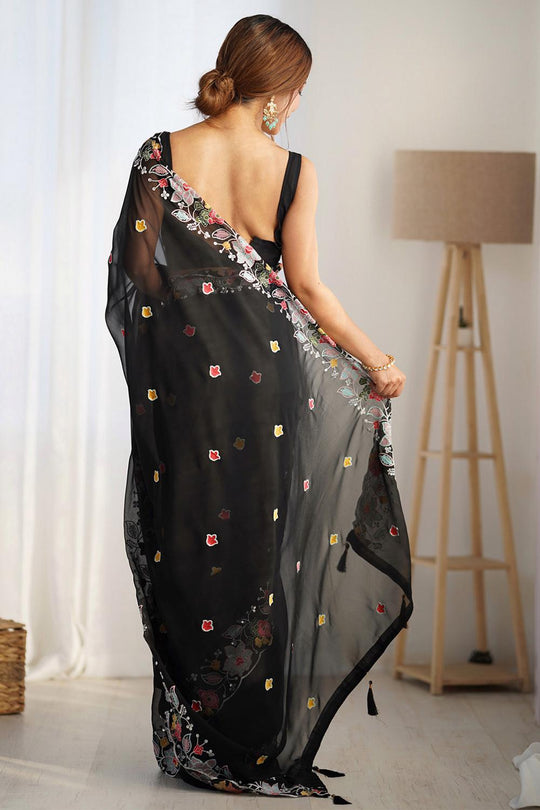 Tania  Black Georgette Embroidered Ready to Wear One Minute Saree