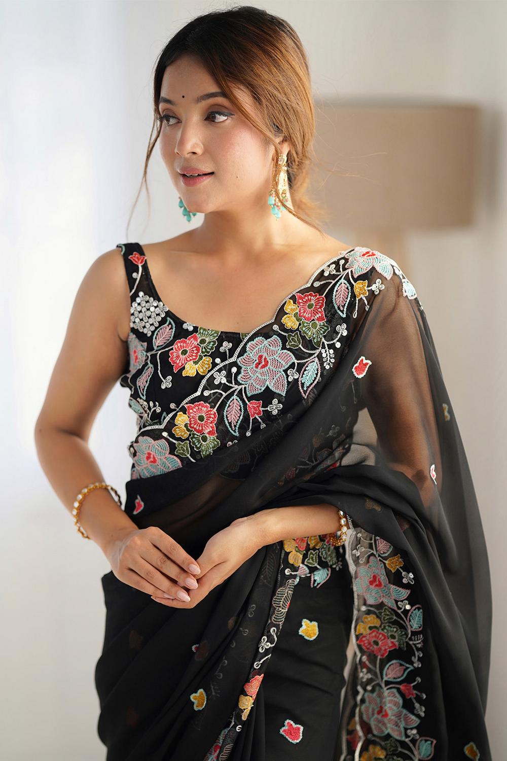 Tania  Black Georgette Embroidered Ready to Wear One Minute Saree