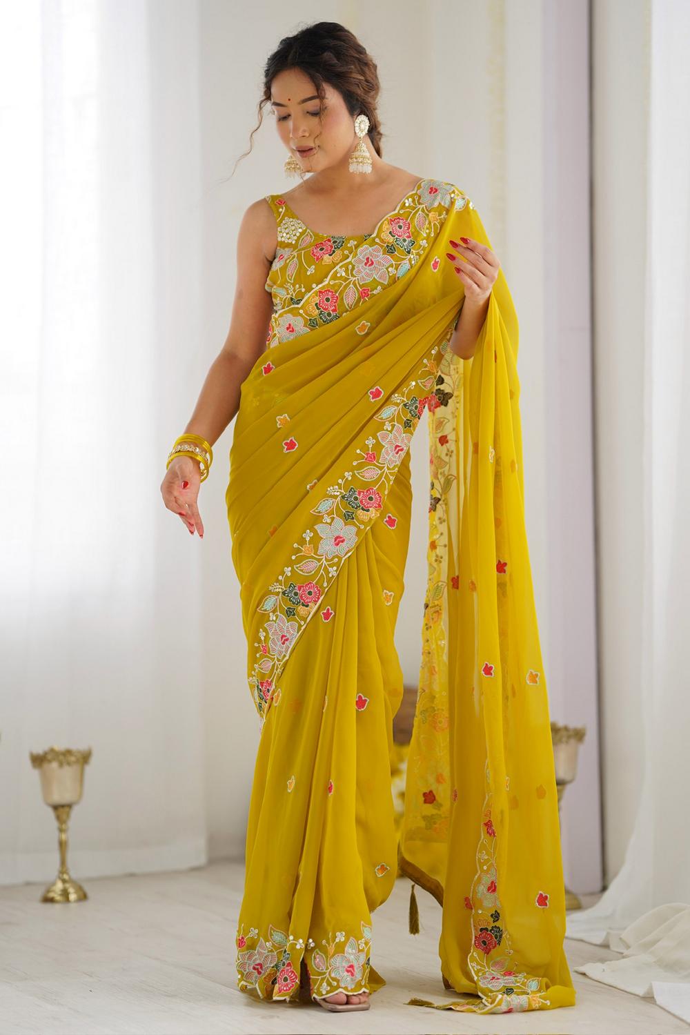 Buy Kesari Mustard Georgette Embroidered Ready to Wear One Minute Saree