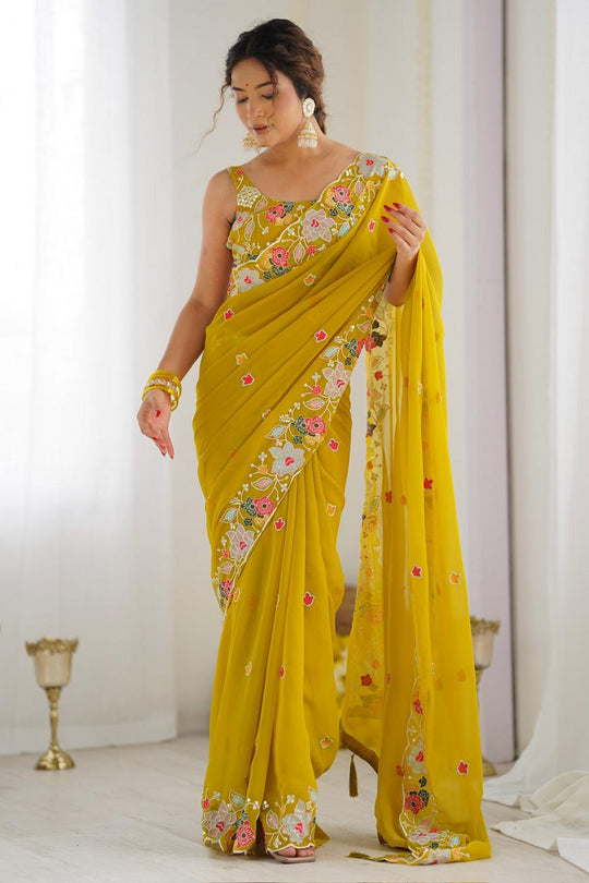 Buy Kesari Mustard Georgette Embroidered Ready to Wear One Minute Saree