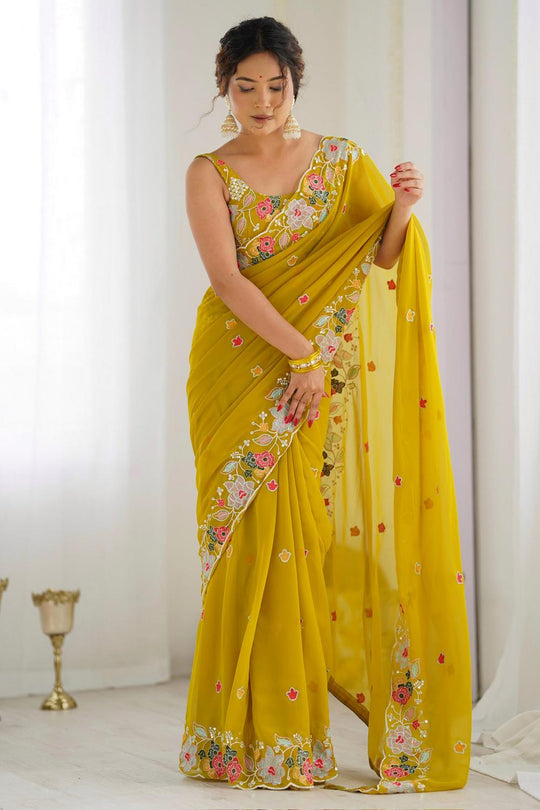 Tania Mustard Georgette Embroidered Ready to Wear One Minute Saree