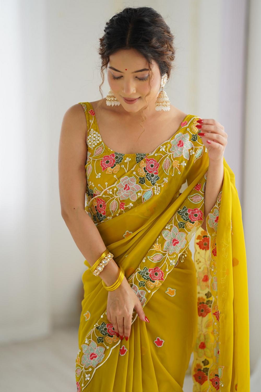 Tania Mustard Georgette Embroidered Ready to Wear One Minute Saree