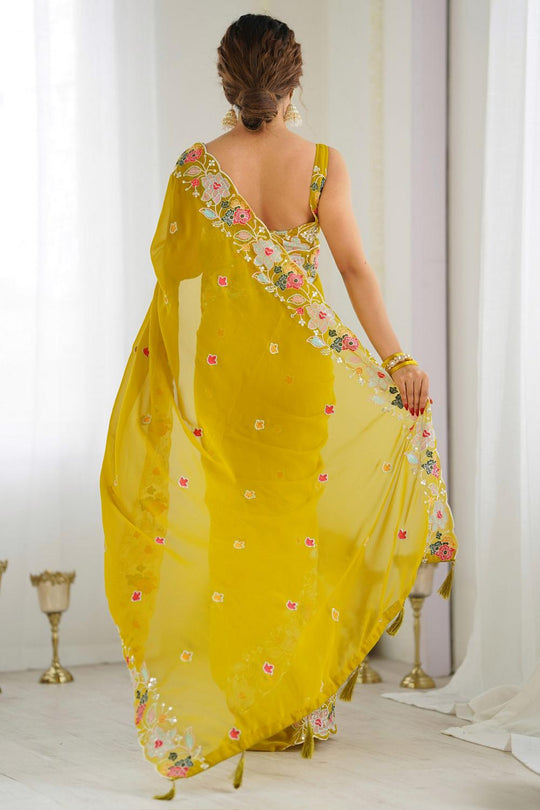 Tania Mustard Georgette Embroidered Ready to Wear One Minute Saree