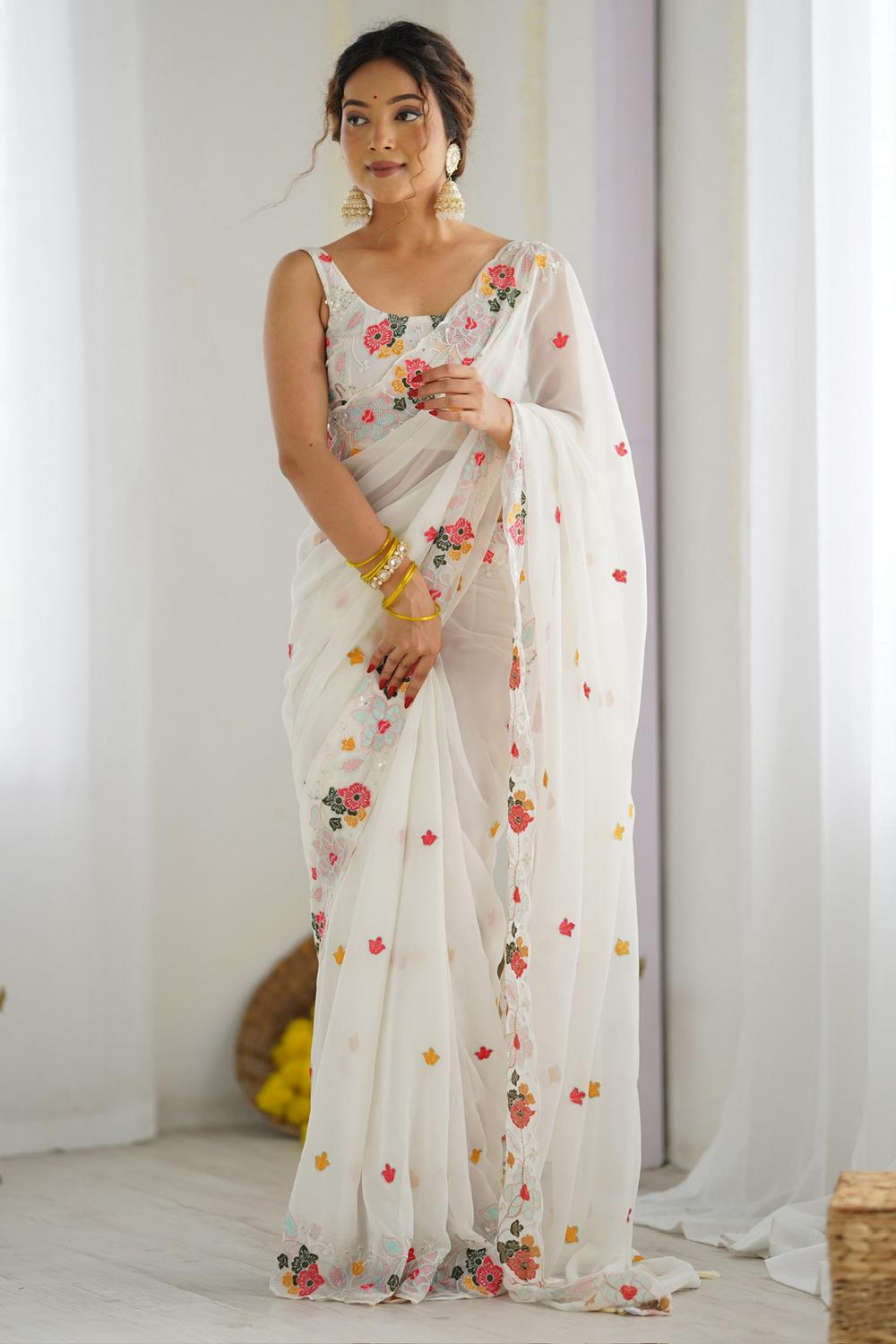 Buy Kesari White Georgette Embroidered Ready to Wear One Minute Saree