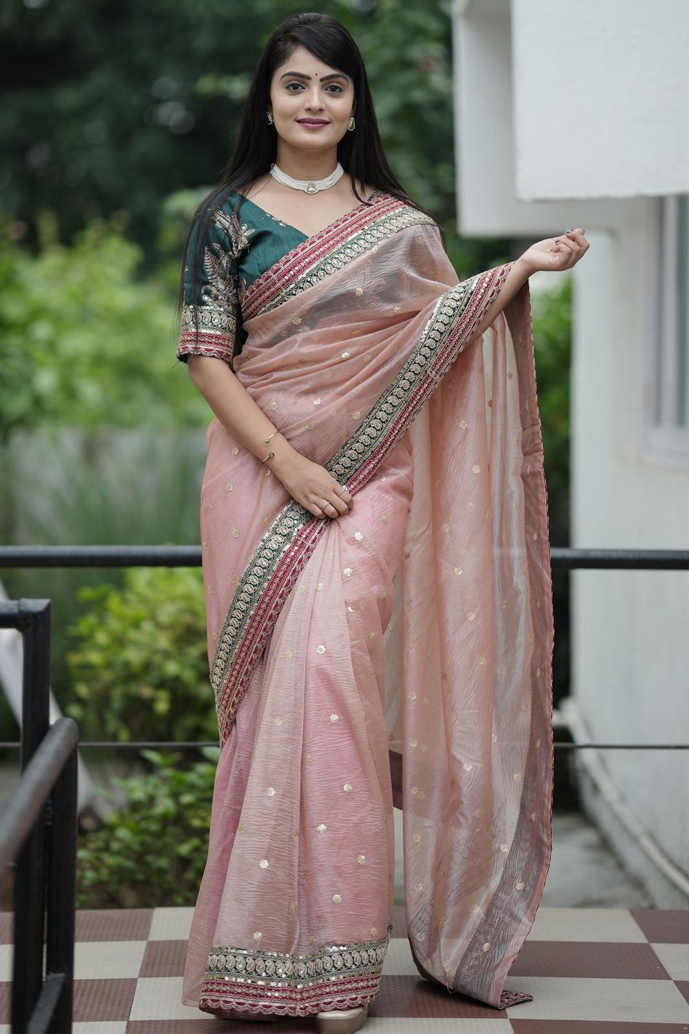 Buy Kesari Peach Organza Embellished Ready to Wear One Minute Saree
