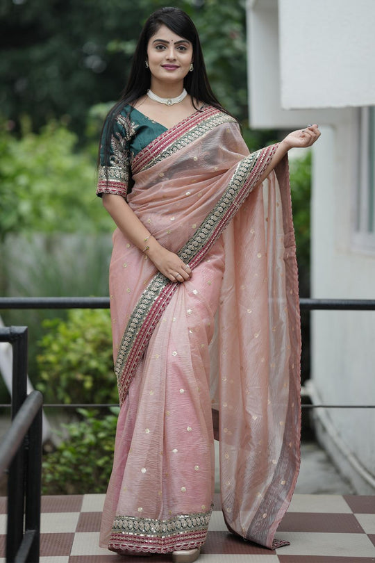 Buy Kesari Peach Organza Embellished Ready to Wear One Minute Saree