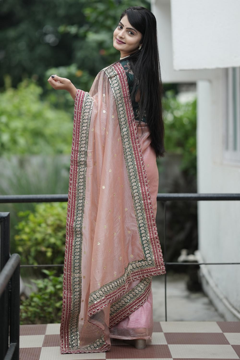 Kara Peach Organza Embellished Ready to Wear One Minute Saree