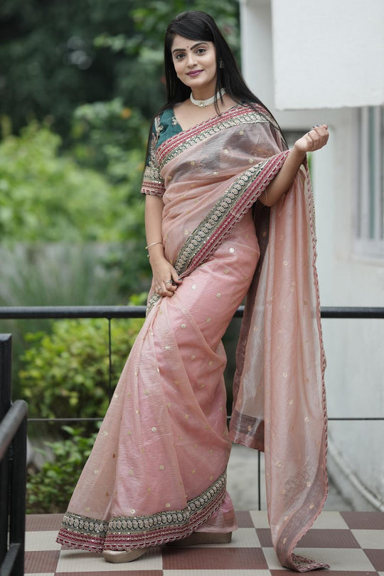 Kara Peach Organza Embellished Ready to Wear One Minute Saree