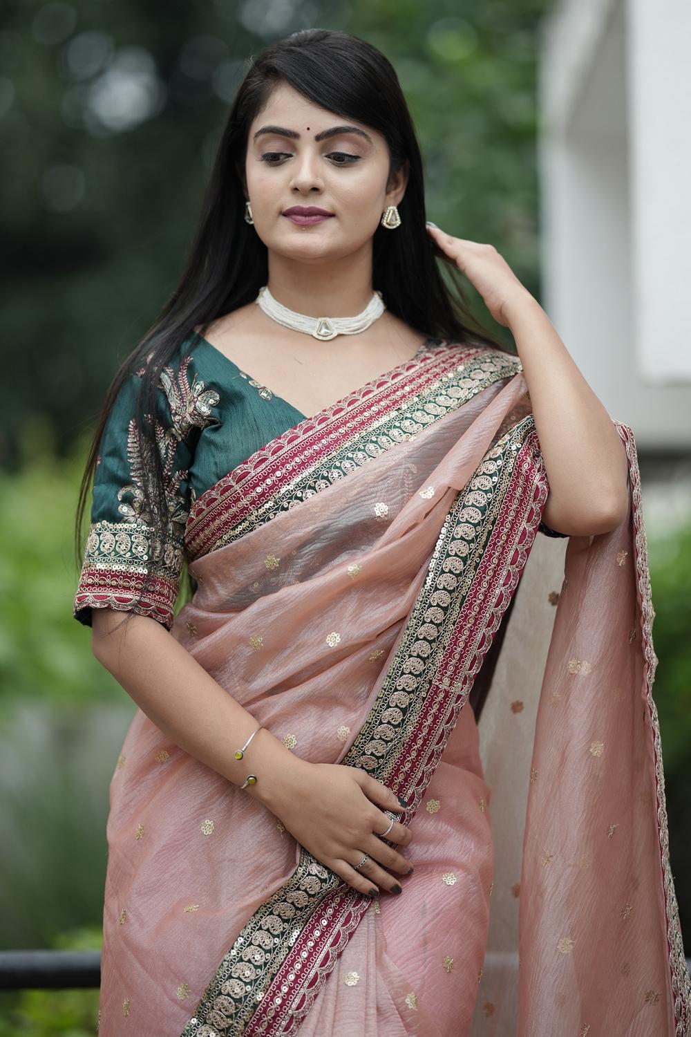 Kara Peach Organza Embellished Ready to Wear One Minute Saree