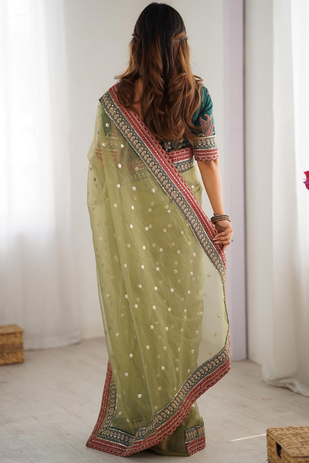 Kara Light Green Organza Embellished Ready to Wear One Minute Saree