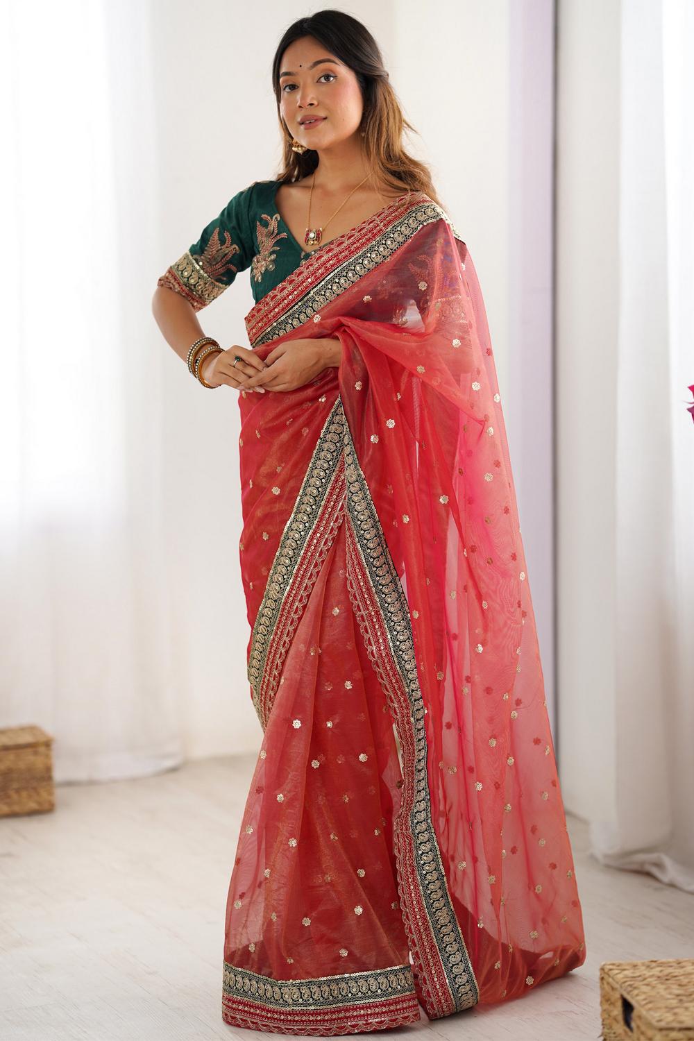 Buy Kesari Red Organza Embellished Ready to Wear One Minute Saree
