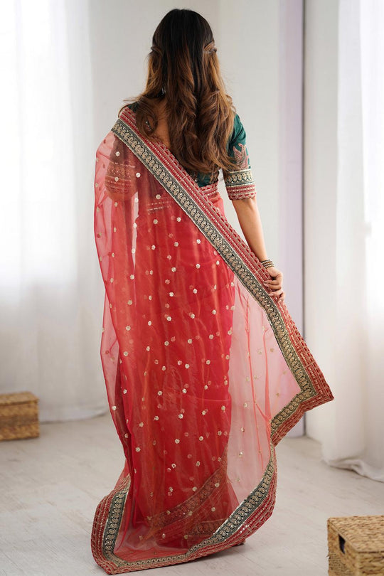 Kara Red Organza Embellished Ready to Wear One Minute Saree