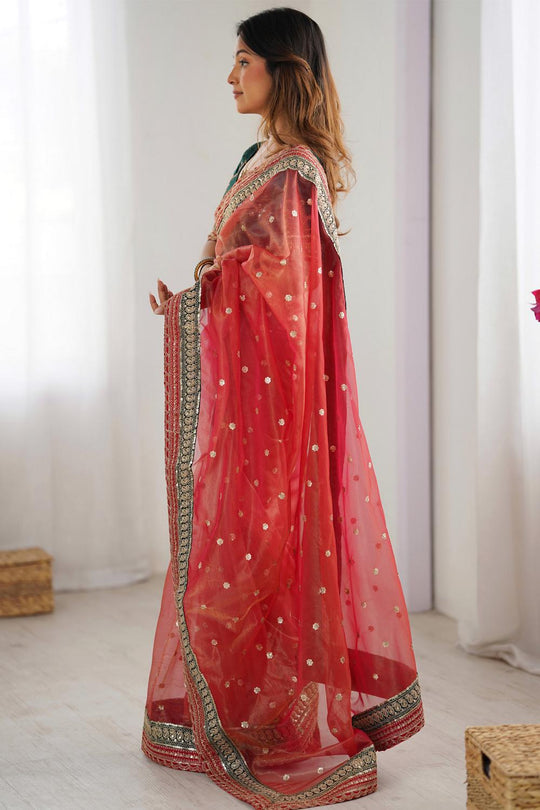 Kara Red Organza Embellished Ready to Wear One Minute Saree