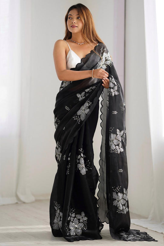Buy Kesari Black Organza Embellished Ready to Wear One Minute Saree