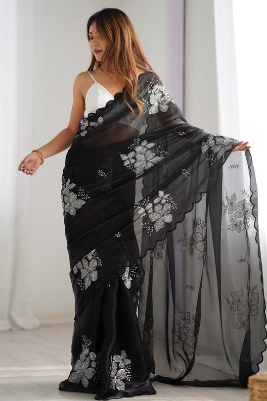 Kara Black Organza Embellished Ready to Wear One Minute Saree