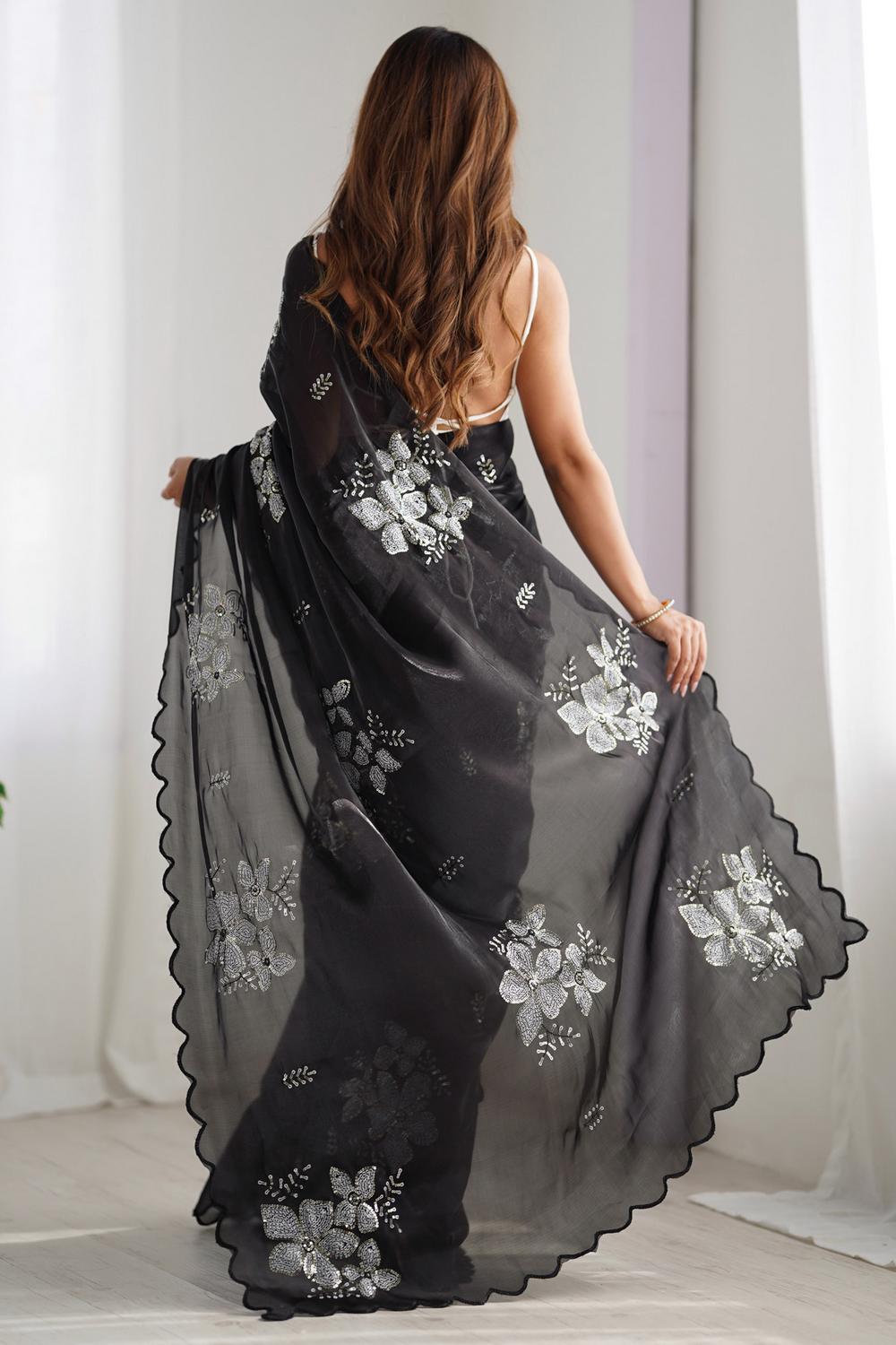 Kara Black Organza Embellished Ready to Wear One Minute Saree