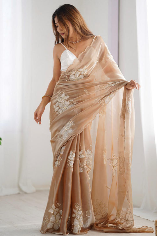 Kara Beige Organza Embellished Ready to Wear One Minute Saree