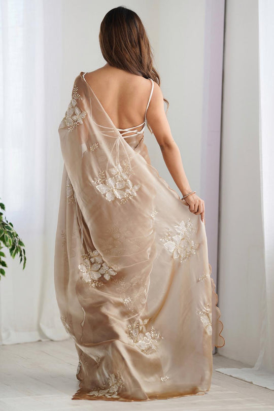 Kara Beige Organza Embellished Ready to Wear One Minute Saree