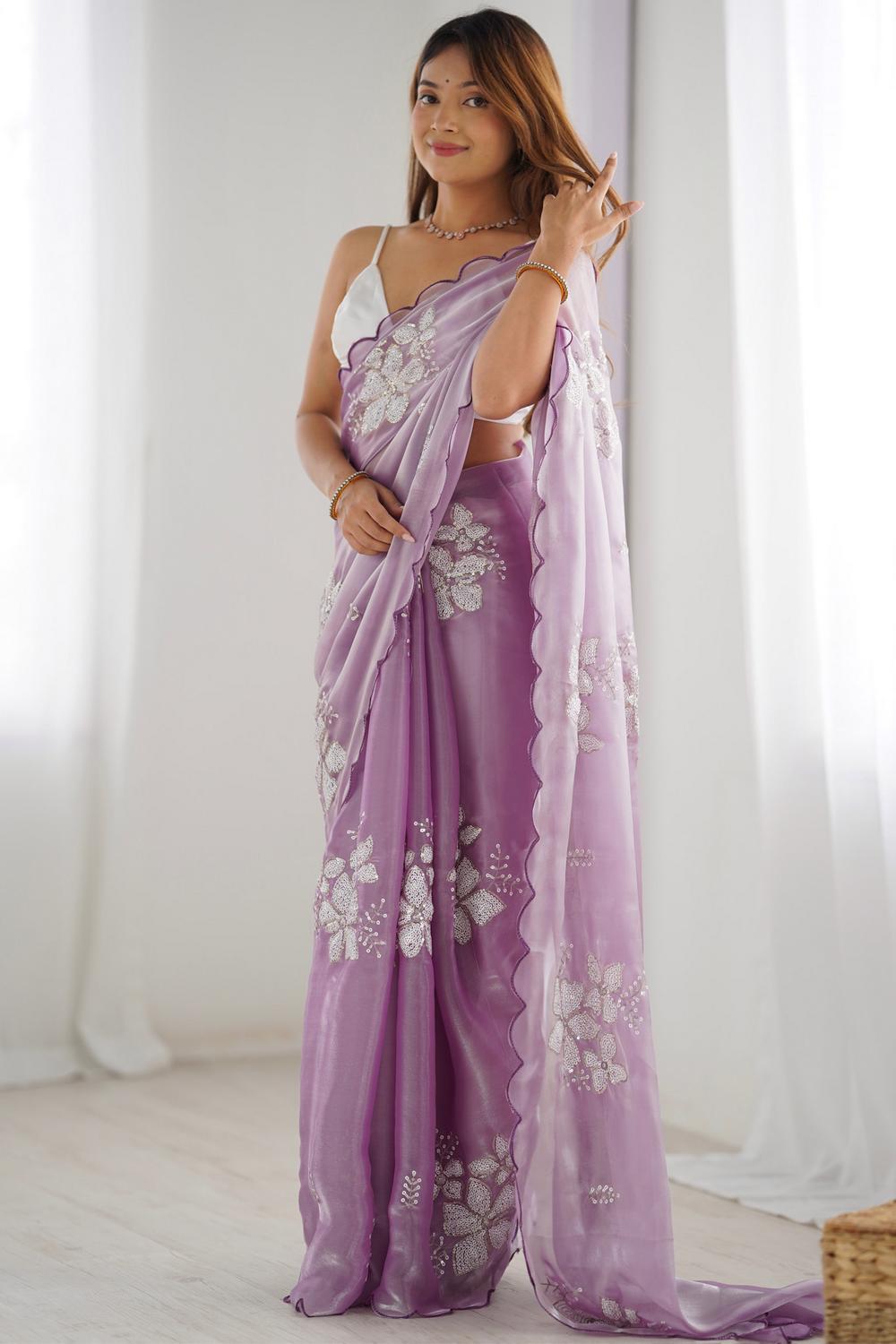 Kara Lavendar Organza Embellished Ready to Wear One Minute Saree