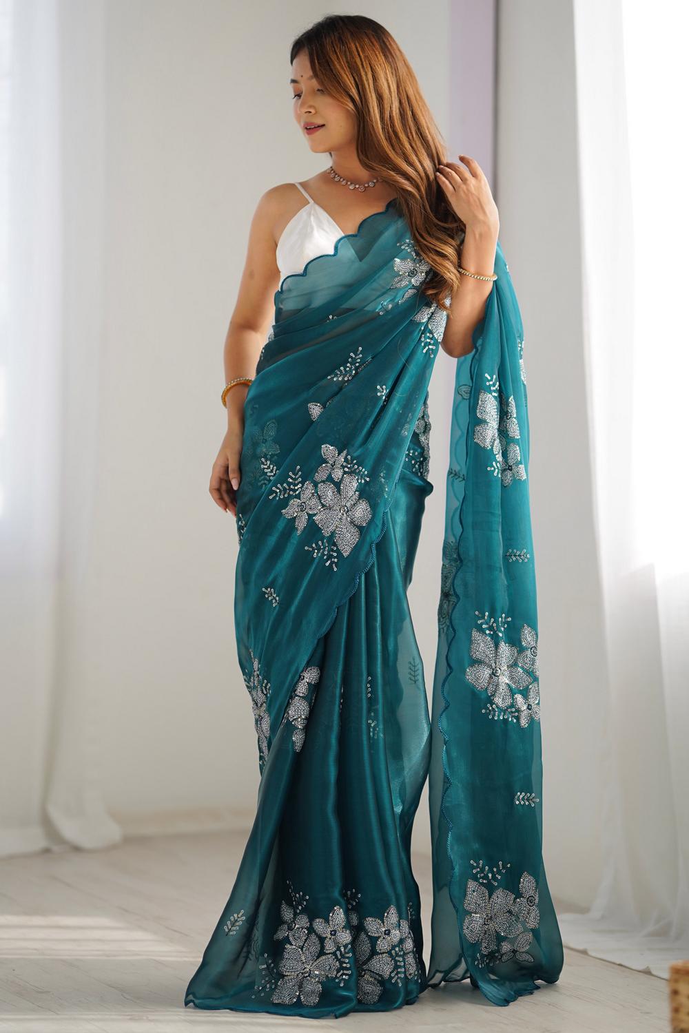 Buy Kesari Teal blue Organza Embellished Ready to Wear One Minute Saree