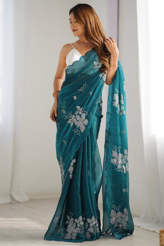 Buy Kesari Teal blue Organza Embellished Ready to Wear One Minute Saree