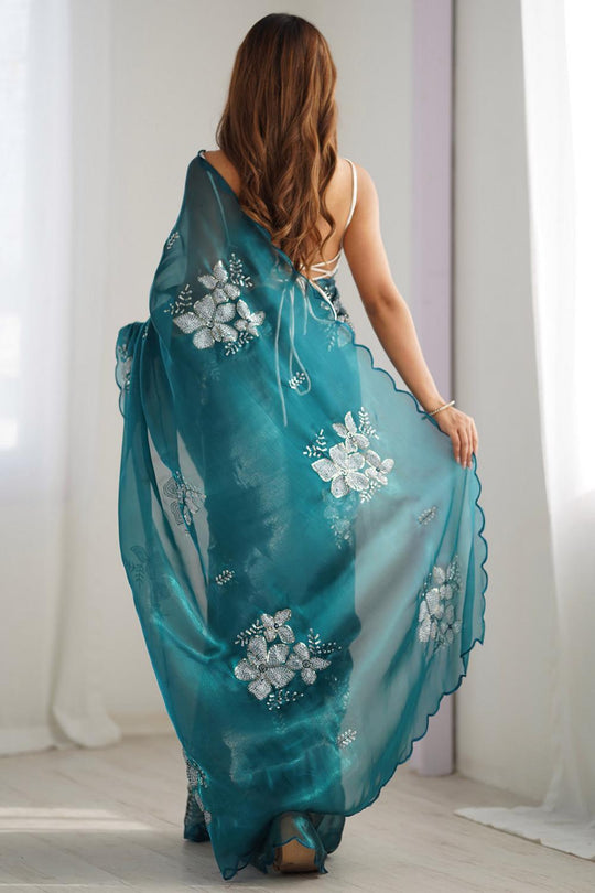 Kara Teal blue Organza Embellished Ready to Wear One Minute Saree