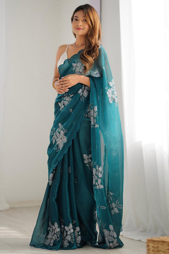 Kara Teal blue Organza Embellished Ready to Wear One Minute Saree