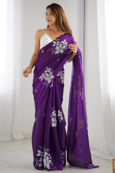 Buy Kesari Purple Organza Embellished Ready to Wear One Minute Saree
