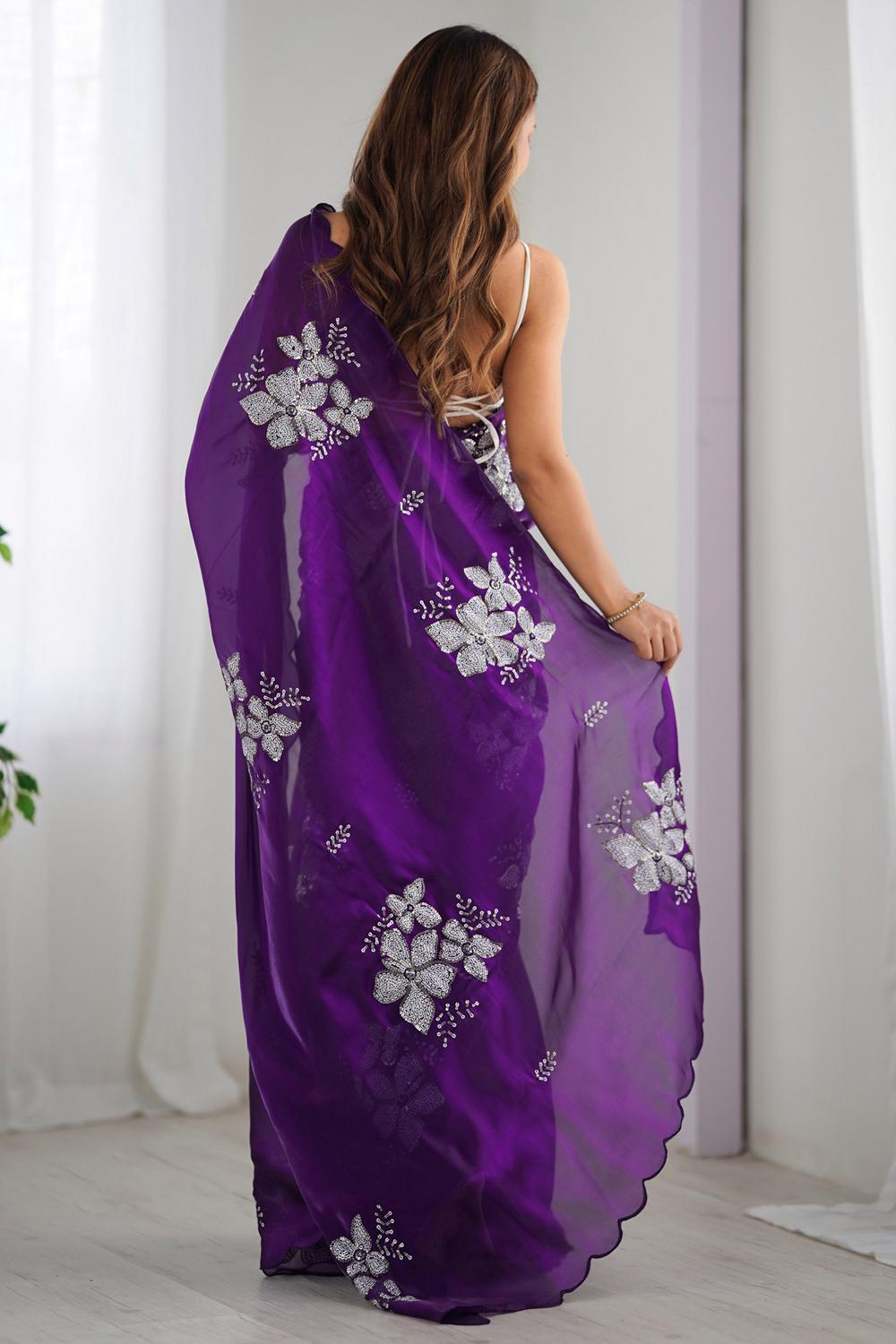 Kara Purple Organza Embellished Ready to Wear One Minute Saree