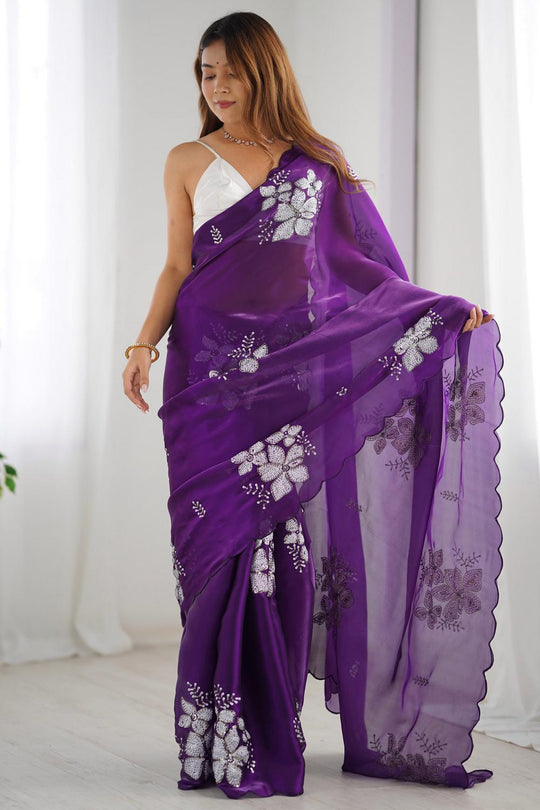 Kara Purple Organza Embellished Ready to Wear One Minute Saree