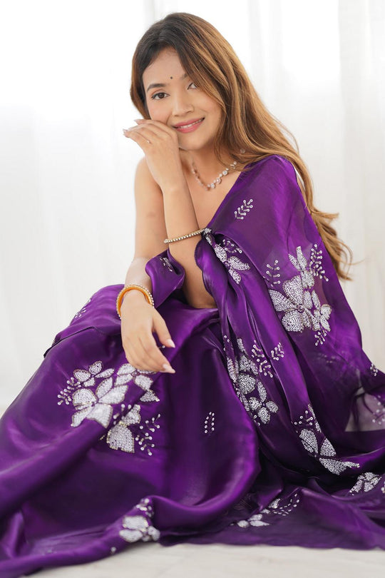 Kara Purple Organza Embellished Ready to Wear One Minute Saree