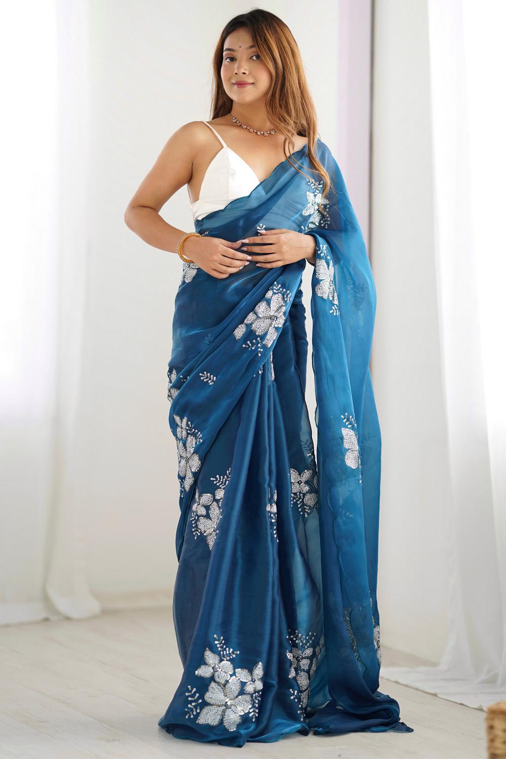 Buy Kesari Blue Organza Embellished Ready to Wear One Minute Saree