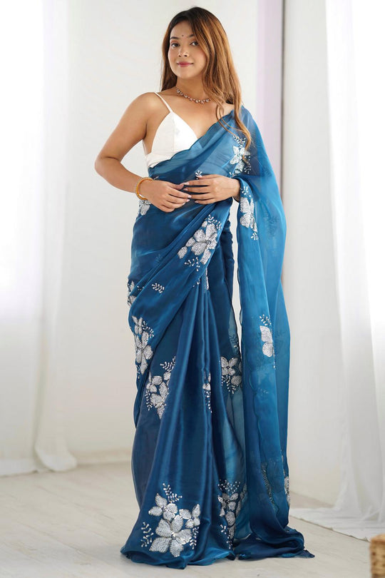 Buy Kesari Blue Organza Embellished Ready to Wear One Minute Saree