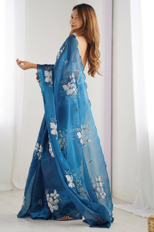 Kara Blue Organza Embellished Ready to Wear One Minute Saree