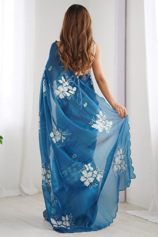 Kara Blue Organza Embellished Ready to Wear One Minute Saree