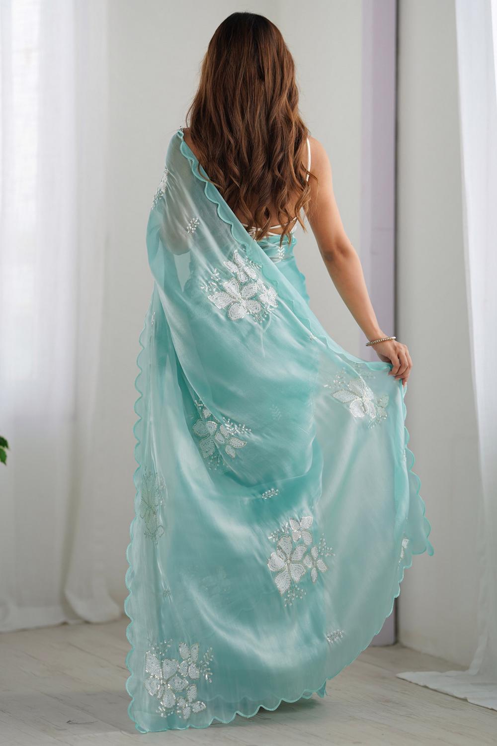 Kara Light Blue Organza Embellished Ready to Wear One Minute Saree