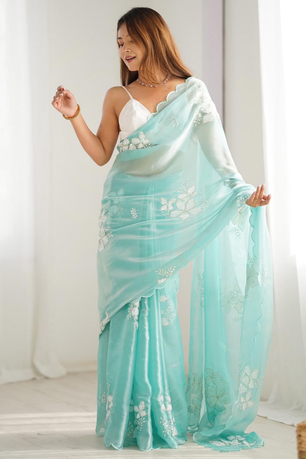 Kara Light Blue Organza Embellished Ready to Wear One Minute Saree