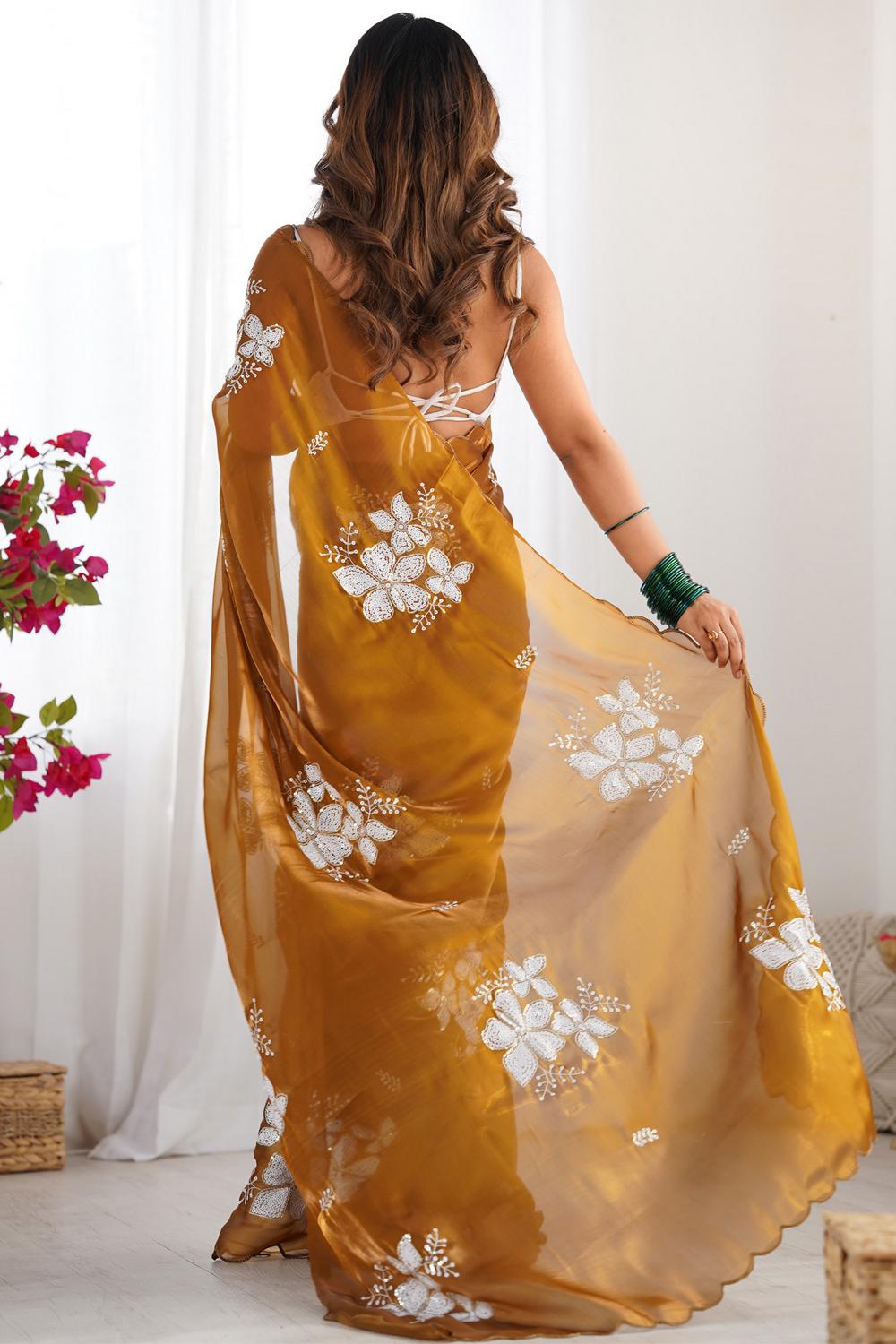 Kara Camel Brown Organza Embellished Ready to Wear One Minute Saree