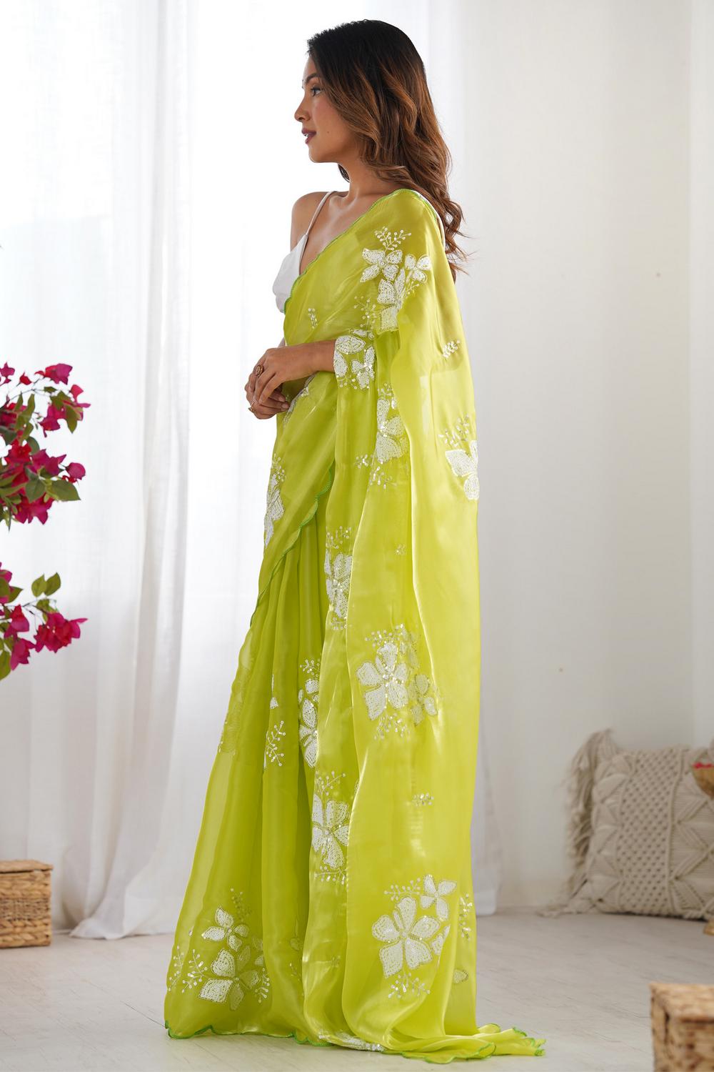 Kara Lime Green Organza Embellished Ready to Wear One Minute Saree