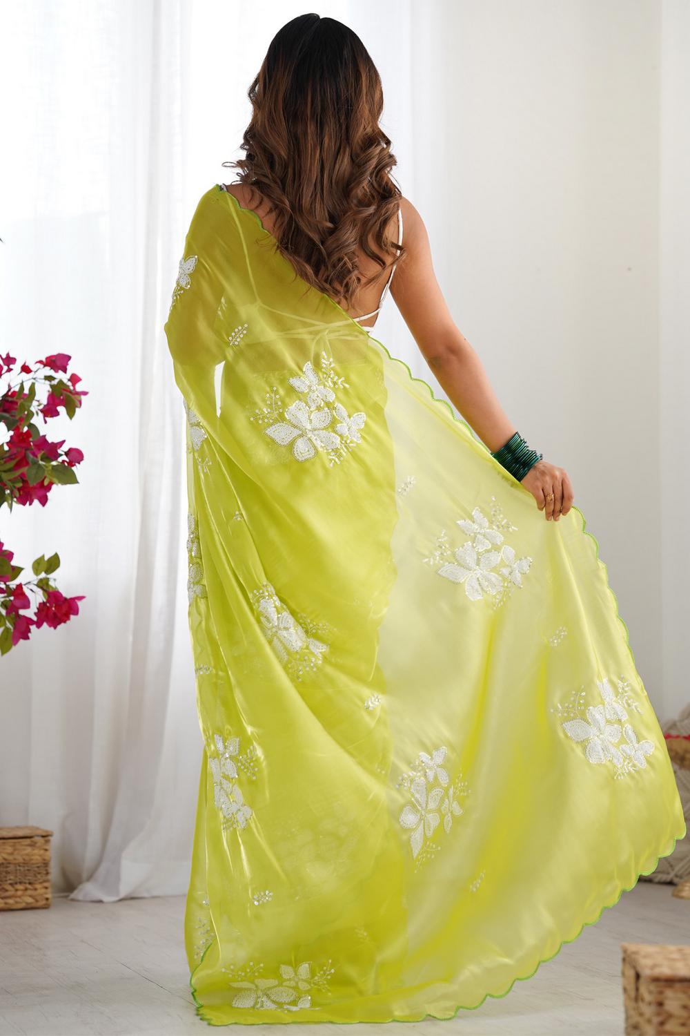 Kara Lime Green Organza Embellished Ready to Wear One Minute Saree