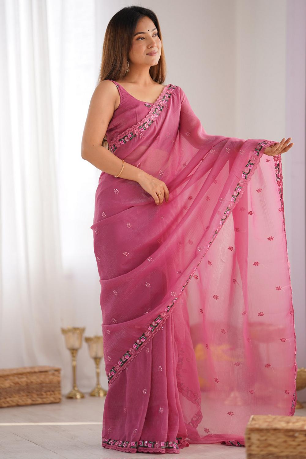 Mira Pink Paper Silk Embroidered Ready to Wear One Minute Saree